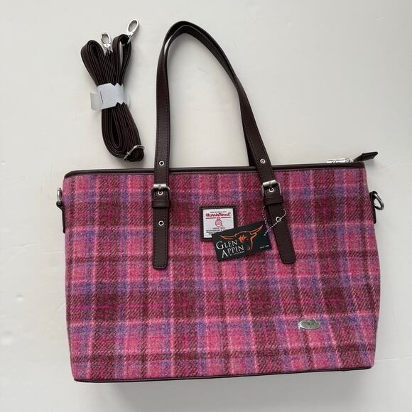 Glen Appin Harris Tweed Spey Tweed Tote Bag Purse. Pink Strap - Picture 1 of 7